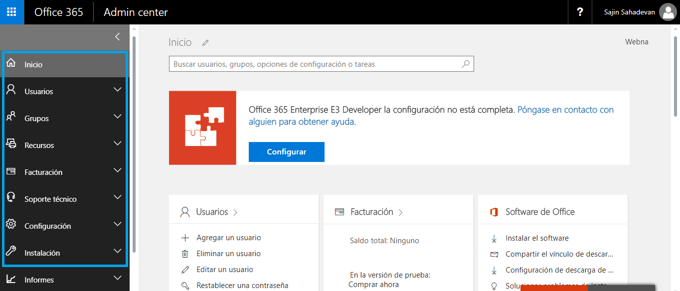 Office 365 Admin Center in Spanish