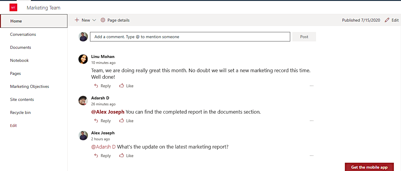 Comment in SharePoint Team site- 5 Ways to Make SharePoint More Social and Interactive