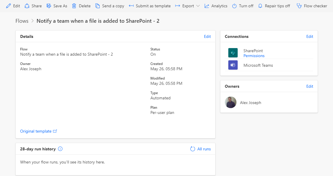 Flow is now created and turned on - notify when a file is added to SharePoint-1