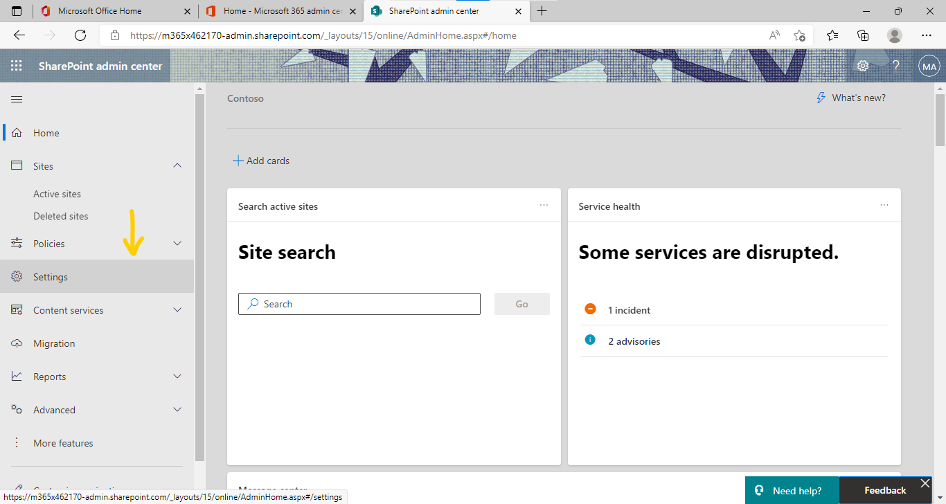 SharePoint admin center - settings - home site