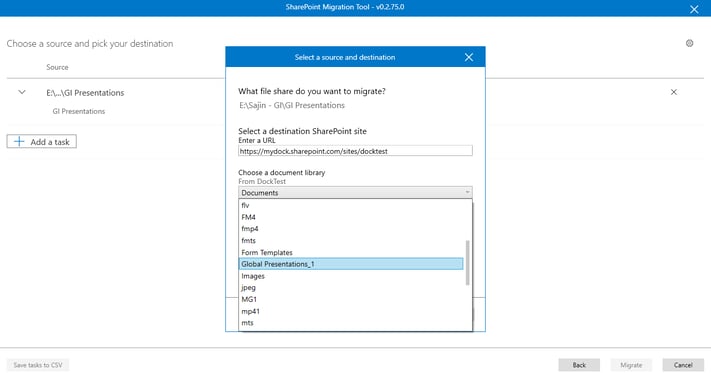 Selecting the source and destination for the file migration steps.png