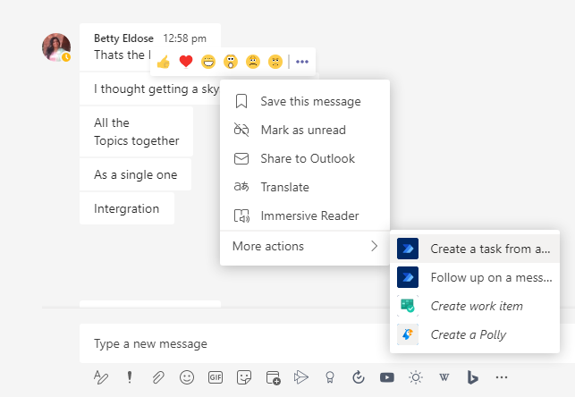 create a task from message - Teams message option