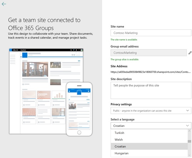 team site Office 365 groups