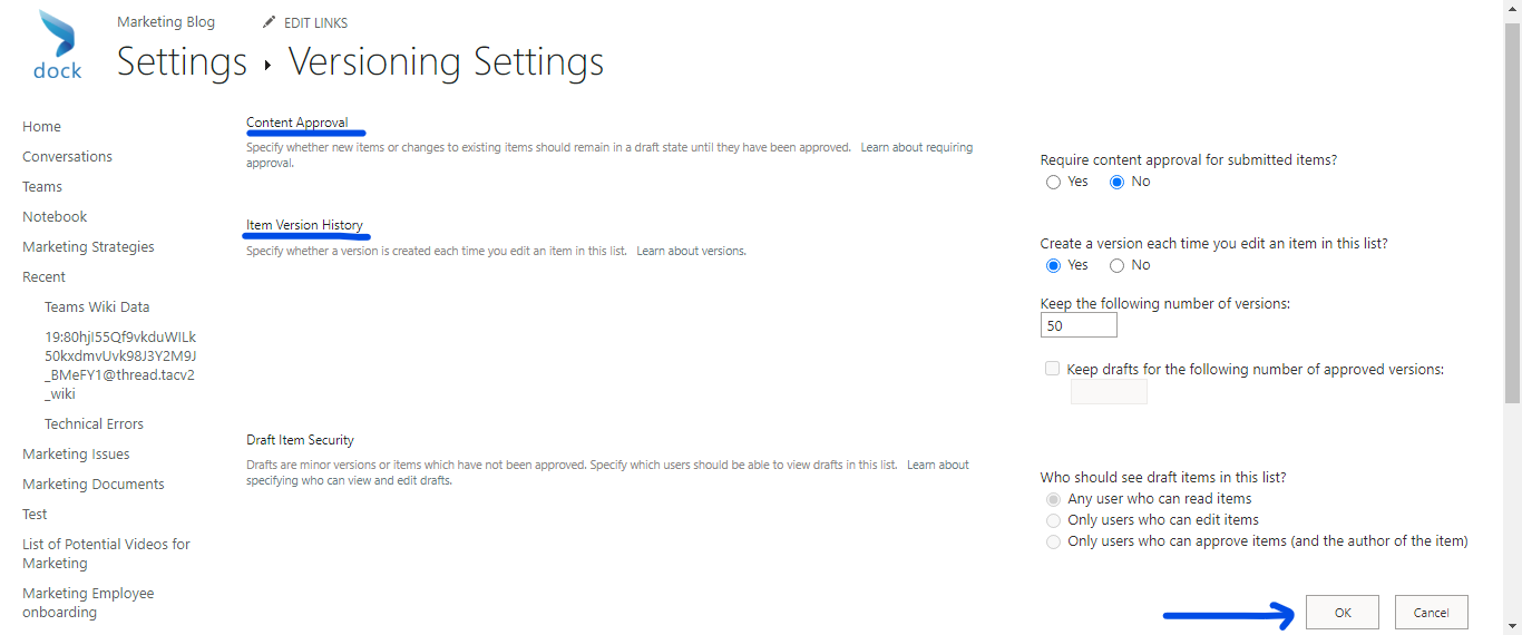 versioning settings - Ok