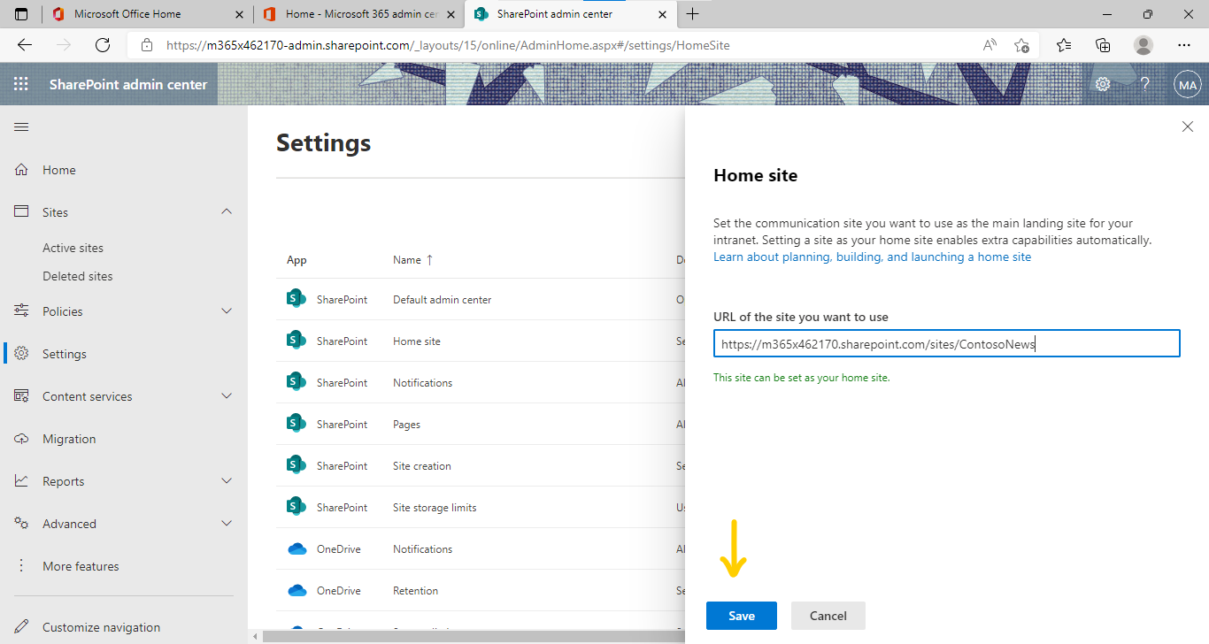 Steps to change the home site and root site in SharePoint Online