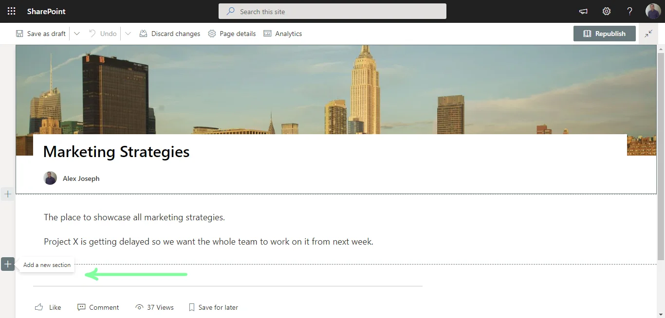 add new section - quick chart web part