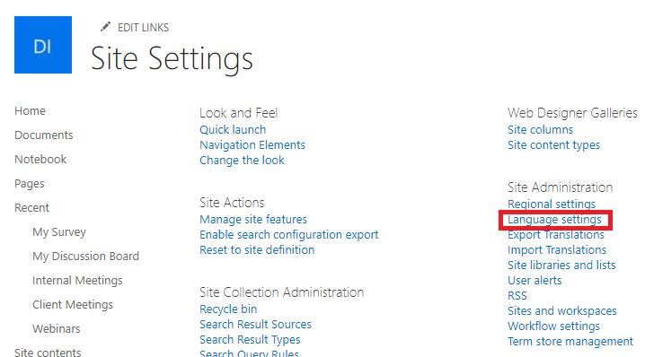 SharePoint default language settings