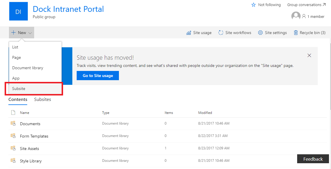 Creating Subsites in SharePoint