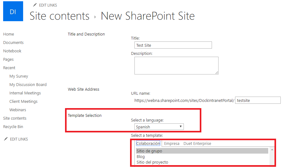 SharePoint Site Language Spanish