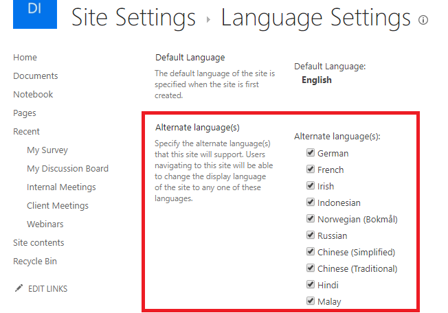 SharePoint Alternate Languages choices