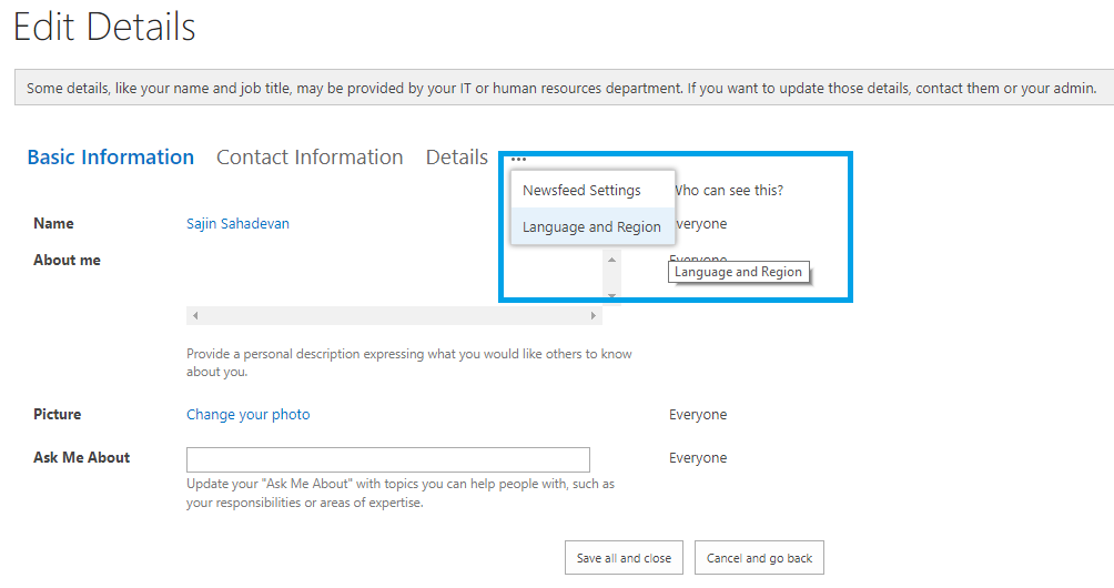 Delve Language and Region settings