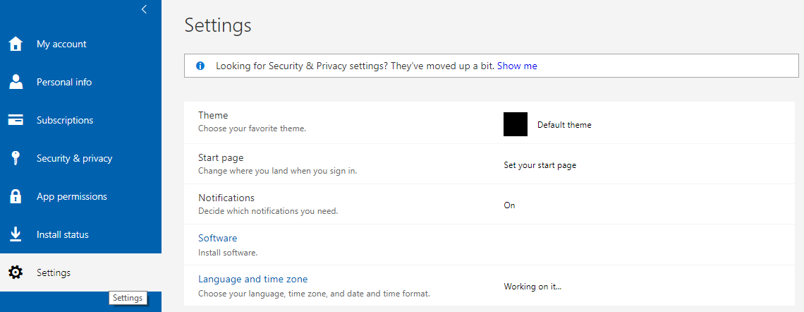 Office 365 Settings - Language and time zone