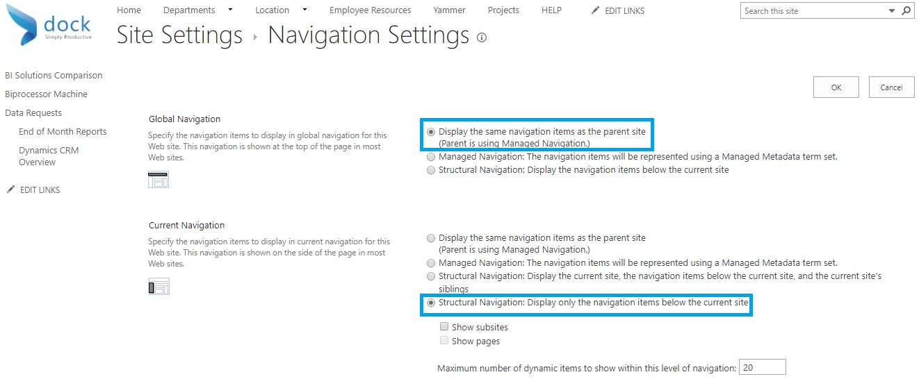 Site Settings - Navigation Settings